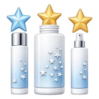 three white standing beauty products, mini stars around sticker