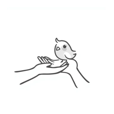 A small cute bird perched on an outstretched human hand/palm in pastel colors (dd9fb0, ffc6d3, a3bfc9, c4bee2, f1b091), hand-drawn doodle style sticker