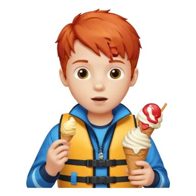 boy kid red haired wearing lifejacket, eating ice cream sticker