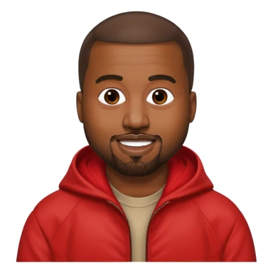 Kanye West wearing a red jacket, smiling, apple emoji style sticker