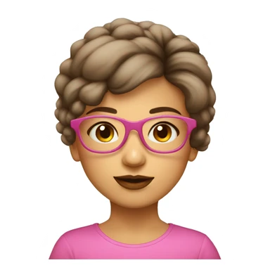 Niña con lentes rosado transparente, pelo corto de color castaño, ojos marrones,  sticker