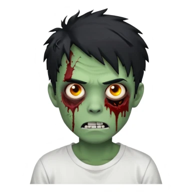 Rosto de frente classico de zombie boca meio torta cabelos medios grandes pretos bagunçados low fade com pele verde clara camiseta branca sem nenhum sangue no rosto e com cabelo bem adolescente e bagunçado sticker