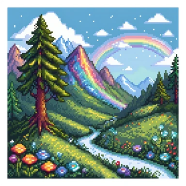 Enchanted meadow with rainbow and crystal mountains sticker