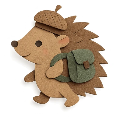 hedgehog with a tiny backpack and acorn hat, muted browns and sage green, paper-craft style sticker