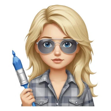 girl with long blond messy hair, wearing grey plaid shirt with blue eyes and aviator sunglasses wearing a ring on her silver necklace, holding a paint brush roller with a small bit of white paint on her face sticker