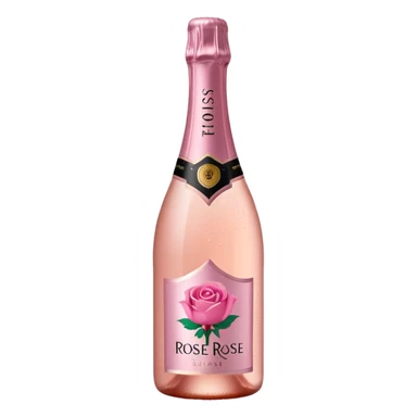 bottle of sparkling rosé with a rose logo on the label, tilted up and to the left, no glass sticker