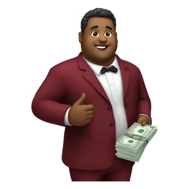 fat guy in dark red velvet suit holding cheque sticker