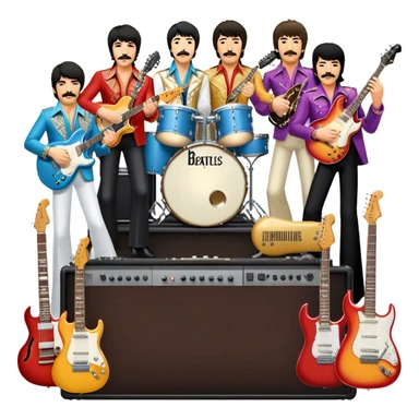 Rock music icon: dynamic collage of global rock legends like The Beatles, Jimi Hendrix, Elvis Presley, Freddy Mercury and Curt Cobane, surrounded by guitars, amplifiers, and stage lights. Symbolizing the energy and power of rock music. Transparent background. sticker