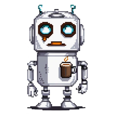 A sleepy robot with droopy eyes holding a coffee mug, looking exhausted sticker
