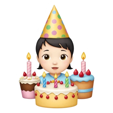 with chines cute baby wearing birthday hat with birthday cake sticker