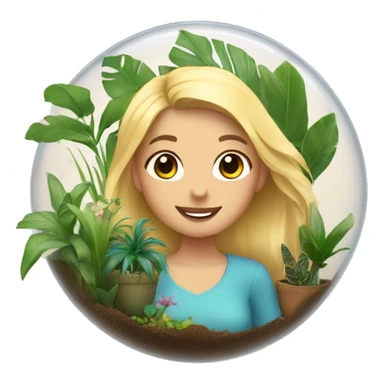 create a blonde girl holding a terrarium of tropical plants sticker