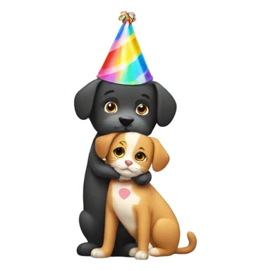make a dog with a birthday hat while hugging a cat sticker