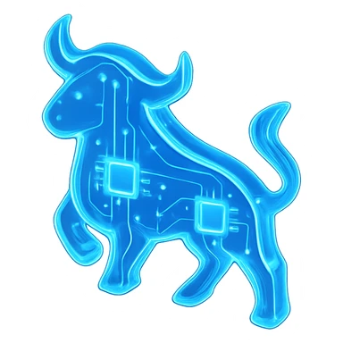 modern tech-inspired bull logo, glowing blue, digital style sticker