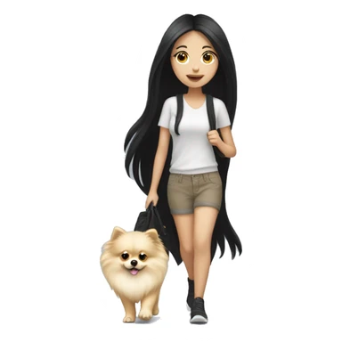 pale girl with long black hair walking with pomeranian sticker