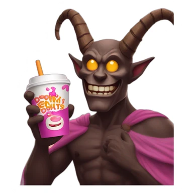a demon holding a dunkin donuts coffee cup sticker
