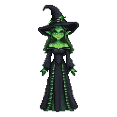Elphaba from Wicked, green-skinned witch with a black pointed hat and black dress sticker