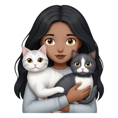 black longhair girl holding a white grey cat sticker