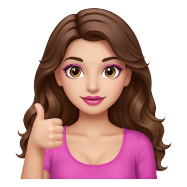 girl with long wavy brown hair, brown eyes, long lashes makeup, sexy pink lips, light to medium complexion, wearing a pink sexy top, thumbs up sticker