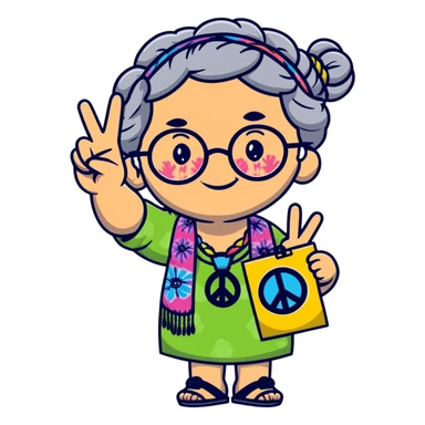 hippie grandma with round glasses, peace sign, tie-dye shirt, grey hair in braids sticker