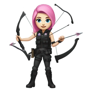 girl, white skin, tactical vest, dark pants, pink hair, blue eyes, black beanie hat with crescent moon on front, black combat boots, bow and arrow sticker
