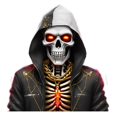 White skeleton zombie person covered in golden chains and black graffiti scribbles and red and silver doodles wings made of neon lightning snowing snowflakes sticker