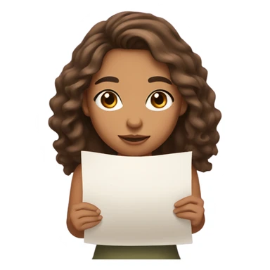 girl with olive skin, brown eyes and brown long wavy hair, holding a paper sticker
