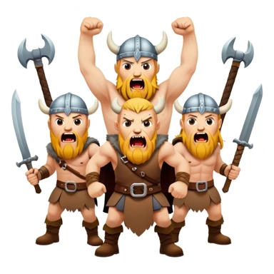 three different vikings scream, weapons in their hands, realistic sticker