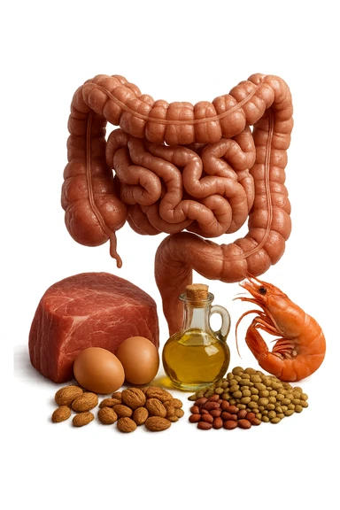 carne, uova, semi oleosi, legumi, crostacei insieme ad INTESTINO umanO realisticO, iperrealistici 4k sticker