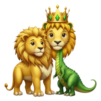 A lion wearing a golden crown standing next to a friendly dinosaur sticker