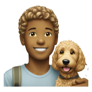 smiling boy with goldendoodle outdoors. sticker
