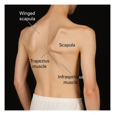 Create a realistic variant of winged scapula inspired by the reference photo, with anatomical labels indicating the pathology and involved structures. sticker