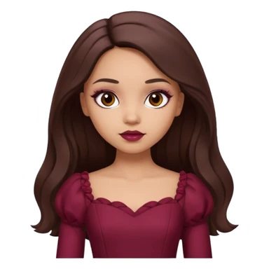 a light skin girl with long brunette hair. with dark brown eyes and slightly slanted. wear a doll like make-up with maroon dress.  sticker