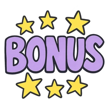 the word BONUS in large letters, all the same vibrant color, surrounded by stars, no background or sign behind, just the letters and stars, vibrant cartoon style QUIERO EXACTAMENTE IGUAL SOLO QUE LAS LETRAS DEBEN SER VIOLETA PASTEL Y LAS ESTRELLAS AMARILLAS sticker