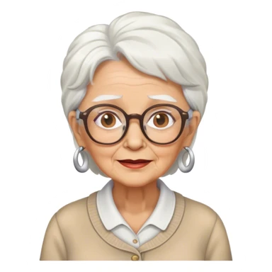 76 year old lady with white hair, glasses nd aa tan sticker