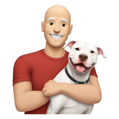 Grey male large pit bull smiling hugging bald white mature man with red tshirt sticker