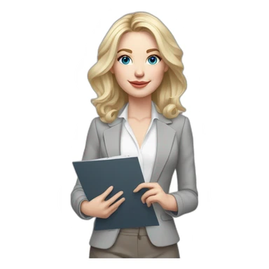 pale skin woman interior designer with cold blonde middle length hair, blue eyes, White blouse, Gray oversize jacket, Gray skirt holding a color palette in the hands sticker