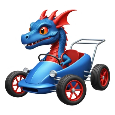 Special air-cooled three cylinder race car whose frame and suspension is made of shopping cart material with a large gas tank, and rear spoiler, is being professionally steered/driven by a small dark dragon  sticker