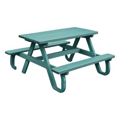 picnic table with attached benches, muted teal, straight vertical legs, small wheels, flat wood-style silhouette, minimal shading, clean geometry sticker