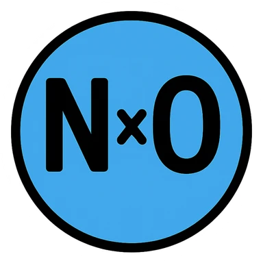 NxO in bold letters inside a large blue circle, modern icon style sticker