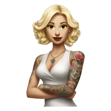 Blonde elegant women, her Body Covered with Tattoos, POINTING to YOU FORWARD with her ONE HAND , Hyper realistic sticker