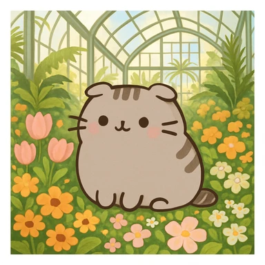 scottish fold pusheen cat surrounded by flowers in a botanical garden greenhouse sticker