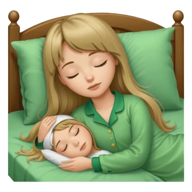 Young woman with long dark blond hair and a bang sleeping in bed  with green pyjama sticker