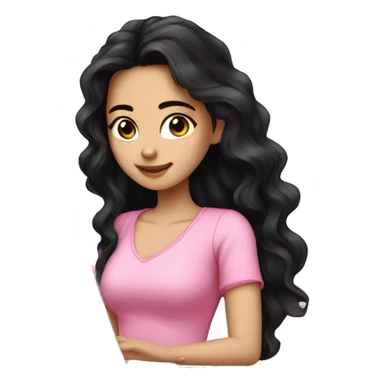 Beautiful girl,Black hair,wavy hair，long hair,Black eyes,Chinese, typing on laptop, Pink top  sticker