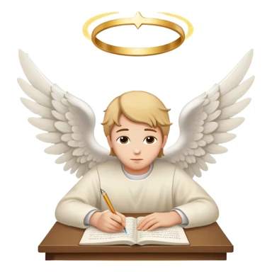 Person writing essay with "Dear God" with halo and angel wings sticker