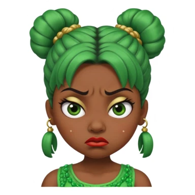 Create a 3D cartoon-style girl character with dark skin, round face, angry expression, big wide eyes, and tightly styled double buns made of green beaded hair. The girl should look irritated, eyebrows sharply angled, and lips pressed in a frown. sticker