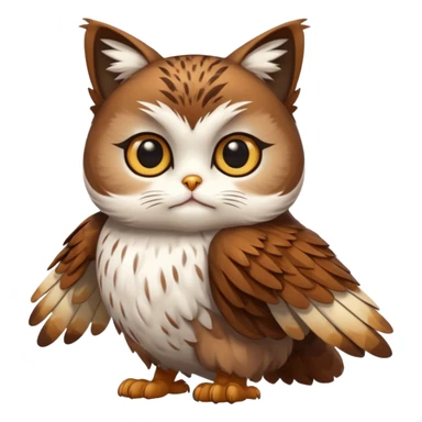 crea un gato con alas de búho con pelaje color cafe y blanco y que este con las alas cerradas y sin ningun objeto en las alas sticker