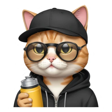 cat with one eye CLOSED in a CLEAR WINK, wearing black snapback cap and black hoodie, black sunglasses tilted low on nose, looking over the top of sunglasses at viewer with other eye open, holding spray paint can sticker