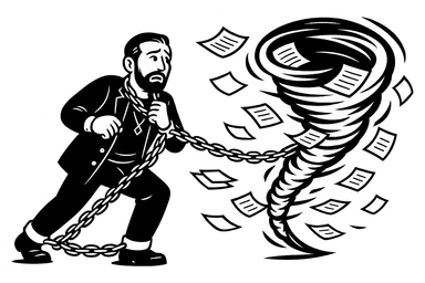 Используя такую стилистику сгенерируй героя в образе раба, закованного в кандалы и цепи идут в огромный ураган из бумаги, который символизирует бумажную рутину, прозрачный фон sticker