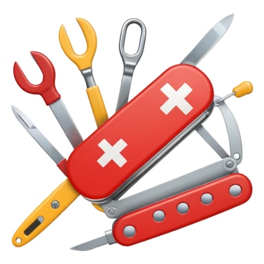 swiss army knife emoji with tools representing bookkeeping, payments, customer service, and sales, each tool with small icons showing their function, focus on phone contact with customers for e-conomic, colorful and friendly sticker