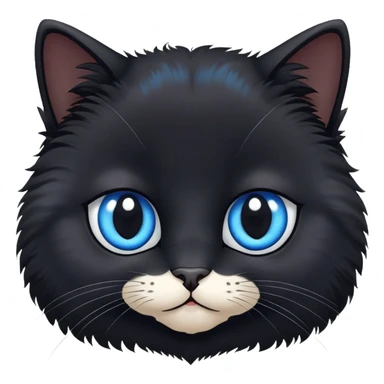 cute fluffy black cat face with big blue eyes, more natural cat face shape, not too round, still adorable sticker